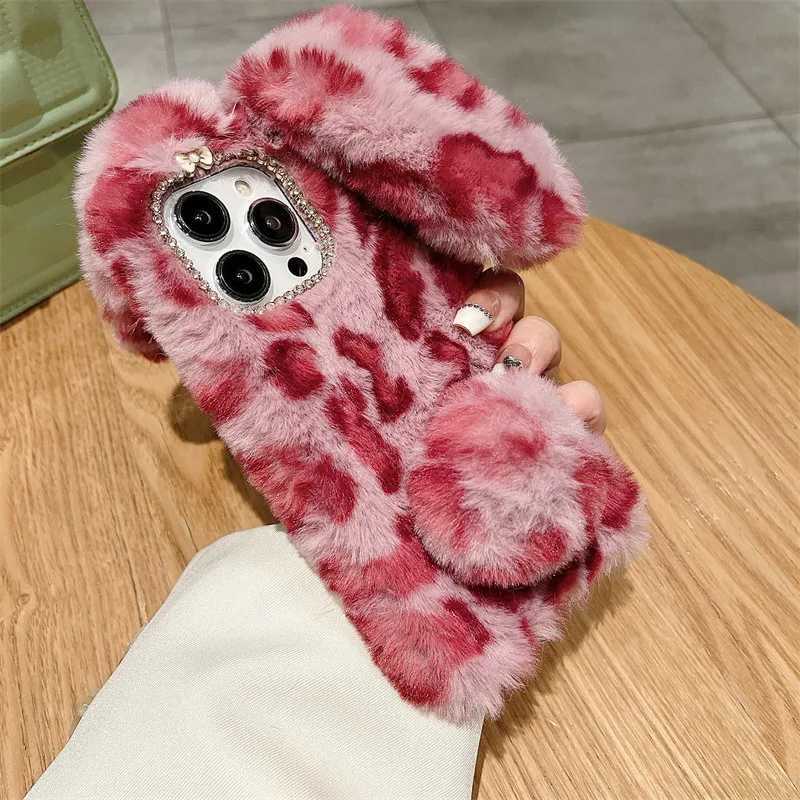 Cute Cartoon Leopard Print Bunny Fur Plush Phone Case For iPhone 17 Air 16 13 12 11 Pro Max XS XR X 7 8 Plus Shockproof Cover J251202
