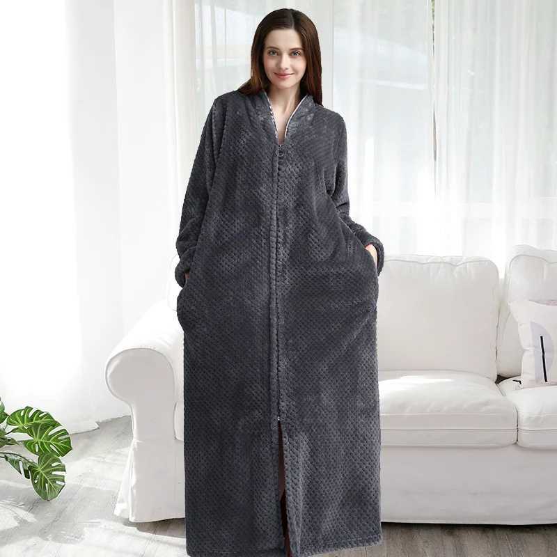 Women Winter Extra Long Warm Jacquard Flannel Bathrobe Pregnant Zipper Plus Size Dressing Gown Lounge Coral Fleece Bath Robe C251202