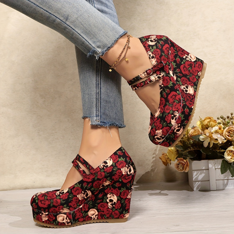 Graceful Ladies Wedge High Heels with Rose Print Glitter Embellishments - Comfortable and Stain-Resistant All-Season Platform Shoes