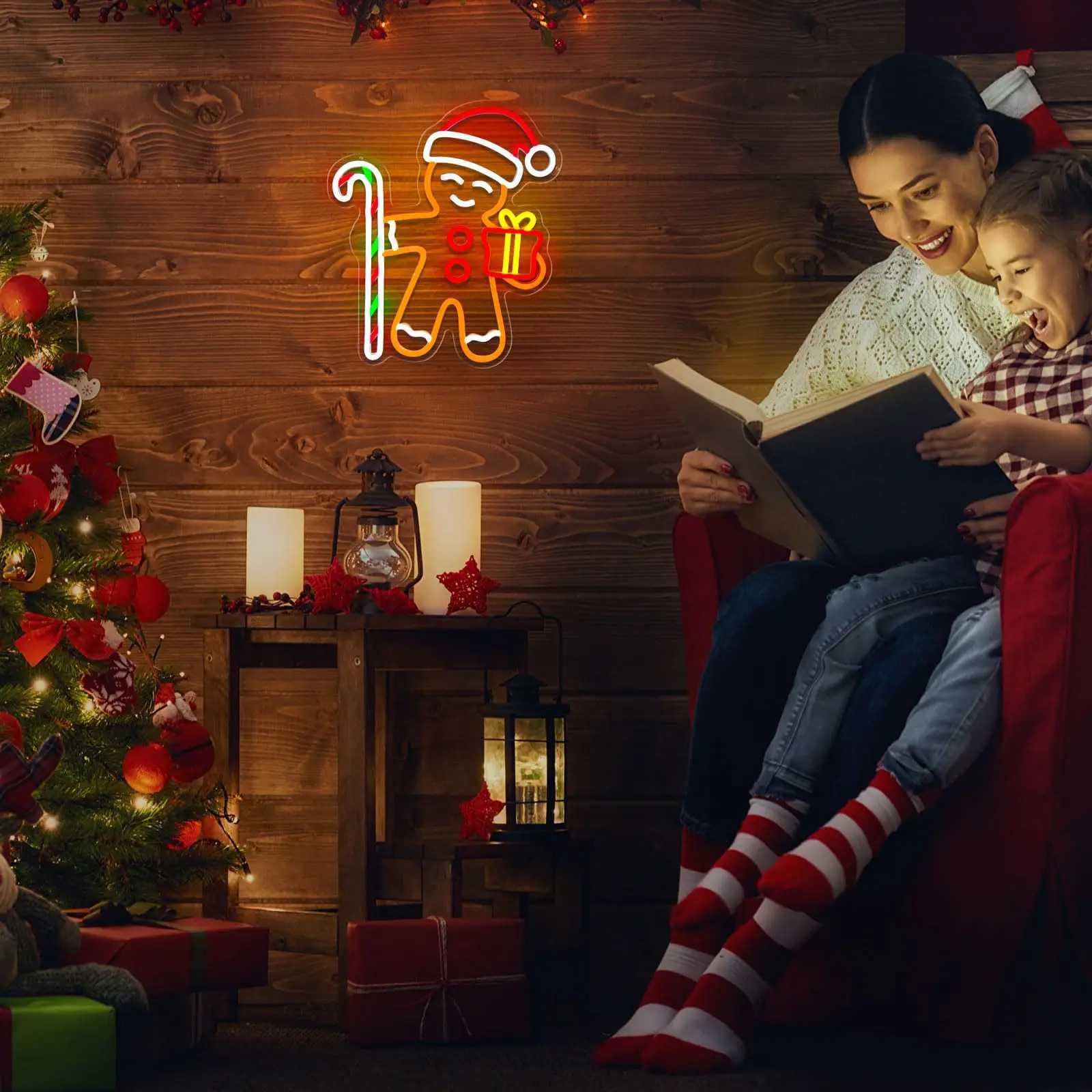 Gingerbread Man LED Neon Sign for Wall Decor Christmas Dimmable Lights Living Room Kids Room Holiday Party Window Festive Gift H251201