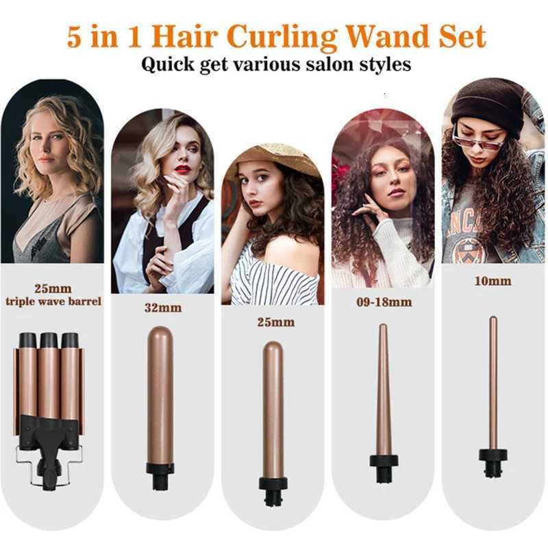 Hair Curler Ceramic Curling Iron 5 in 1 Styler Mtifunction Big Wave 3 Barrel Curling Iron Set Led Interchangeable Hair Curler C251202