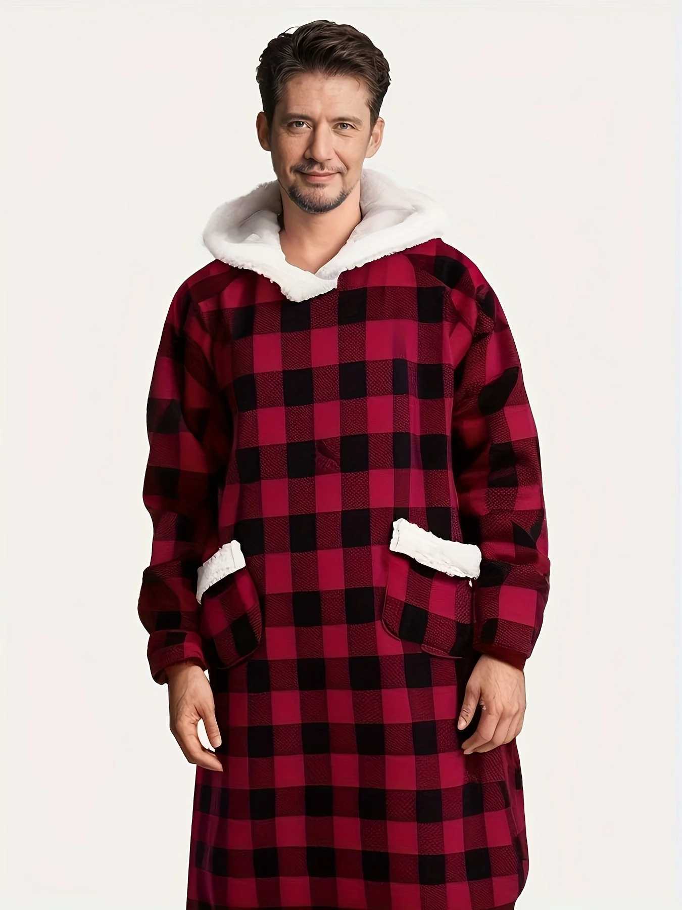 Cozy Mens Flannel Robe - Black Red Plaid Hooded Bathrobe Warm Pajama with Pockets Perfect Comfort Wear C251202
