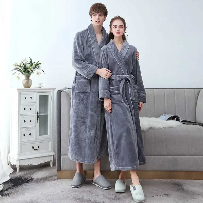 New Arrival Thickened Coral Fleece Bathrobe - Autumn Winter Flannel Long Sleepwear Men Female Couple Warm Nightgown Loungewear C251202