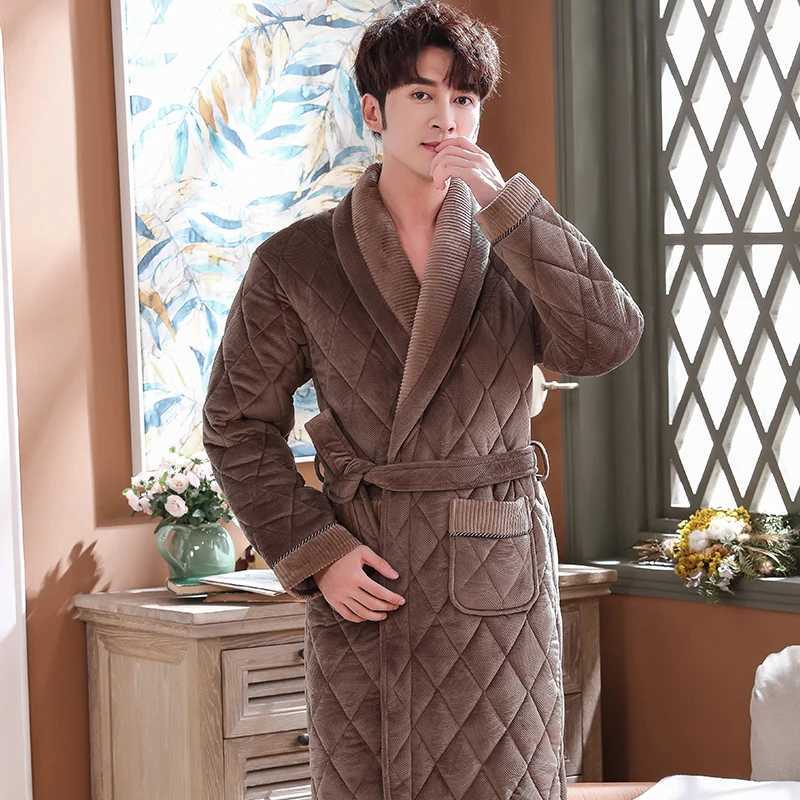 Mens Winter Plush Quilted Lengthened Shawl Bathrobe Home Clothes Long Sleeved Robe Coat men robe thick pijamas hombre robes 3XL C251202