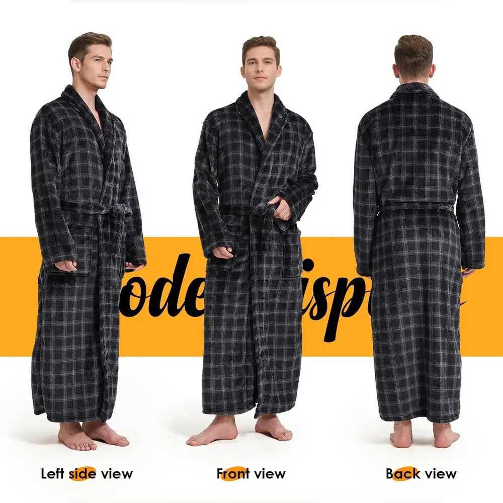 Large Plaid Shawl Collar Full-Length Fleece Bathrobe for Men C251202