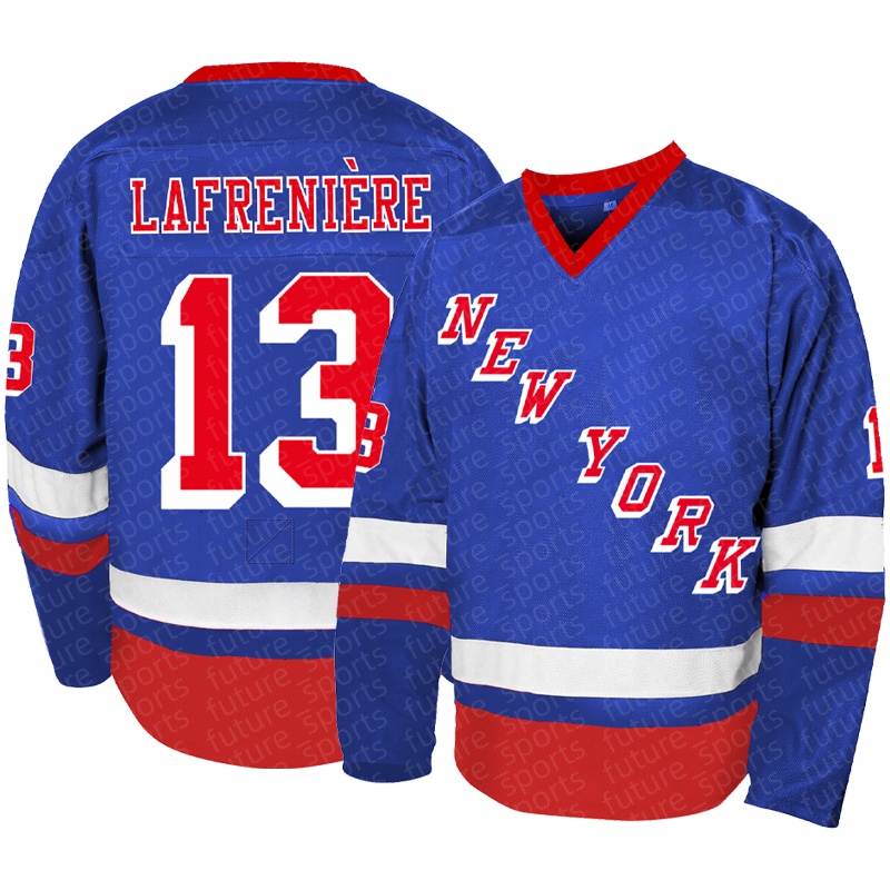 Men's 13 LAFRENIERE blue long sleeved classic New York ice hockey jersey, retro letter embroidery, vibrant and breathable