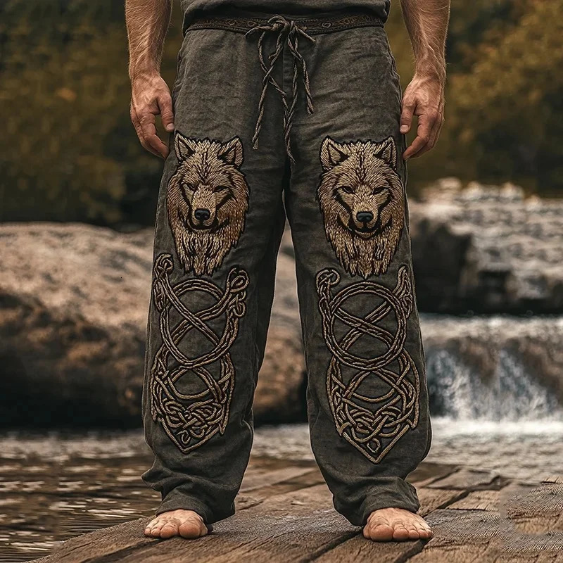 Mens Viking Retro Nordic Totem Two tone 3D Printed Casual Pants Drawstring Straight Leg Pants Summer Beach Pants251129