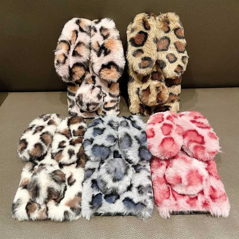 Cute Cartoon Leopard Print Bunny Fur Plush Phone Case For iPhone 17 Air 16 13 12 11 Pro Max XS XR X 7 8 Plus Shockproof Cover J251202