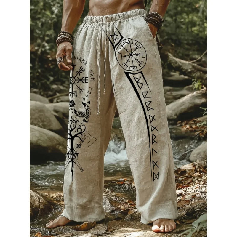 Mens Viking Retro Nordic Totem Two tone 3D Printed Casual Pants Drawstring Straight Leg Pants Summer Beach Pants251129