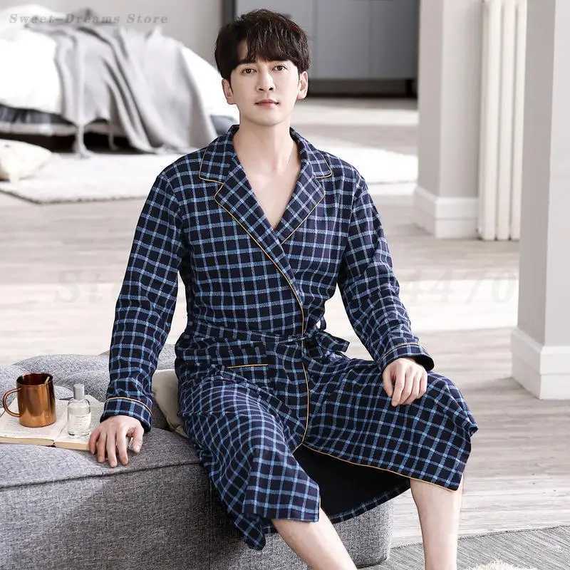 Casual Plaid Bathrobe Man Spring Autumn Cotton Robe Sleepwear Long Sleeve Kimono Male V-Neck Intimate Lingerie Spa Robes L-4XL C251202