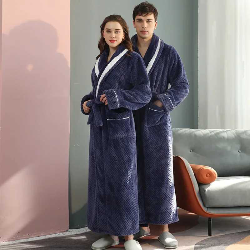 Thicken Solid Flannel Couple Robes-Winter Long Bathrobe Gown with Pockets Intimate Nightwear Lingerie Comfortable Home Clothing C251202