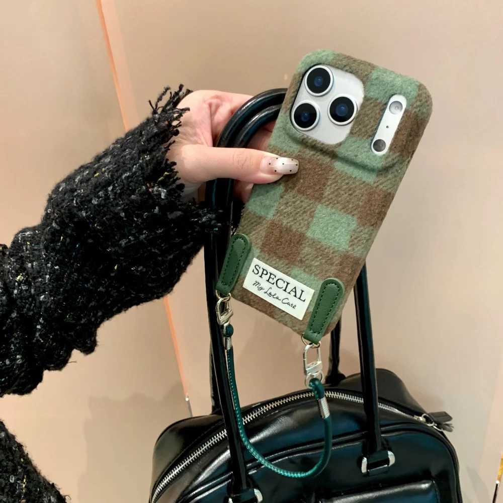 New Autumn Winter Checkered Plush Lanyard Phone Case For iPhone 17 Pro Max 16 15 14 13 Pro Max Wristband Fluff Shockproof Cover J251202