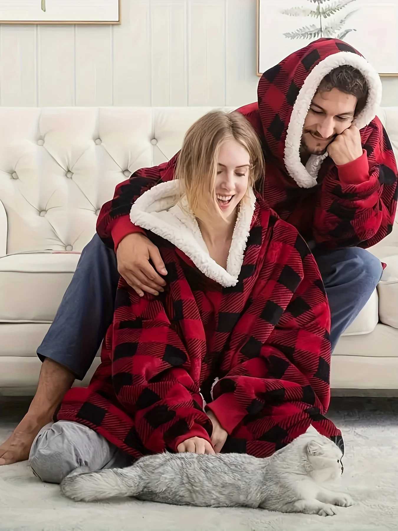 Cozy Mens Flannel Robe - Black Red Plaid Hooded Bathrobe Warm Pajama with Pockets Perfect Comfort Wear C251202