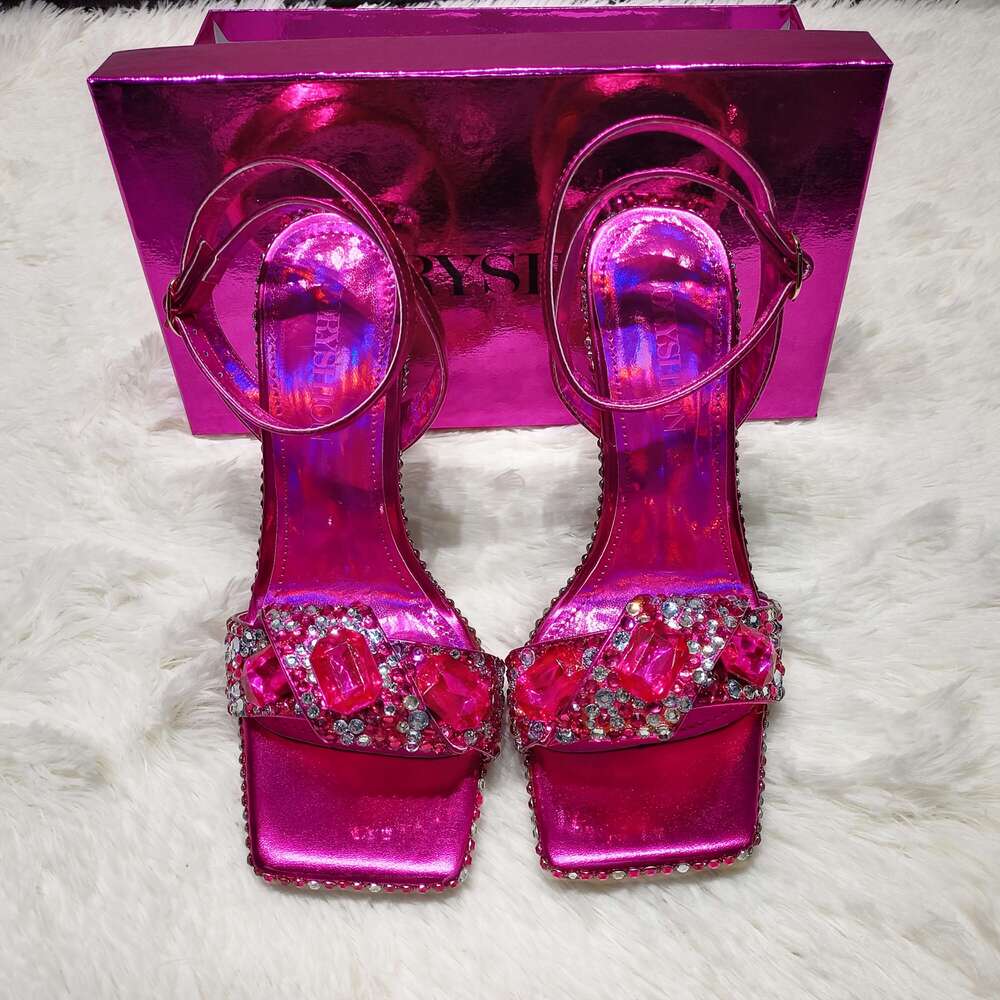 Women 2025 Sparkling Rhinestone Sandals Ultra High Stiletto Heels With Ankle Strap, Square Toe Multi Color Shimmering Design All Season Party, Shoppin