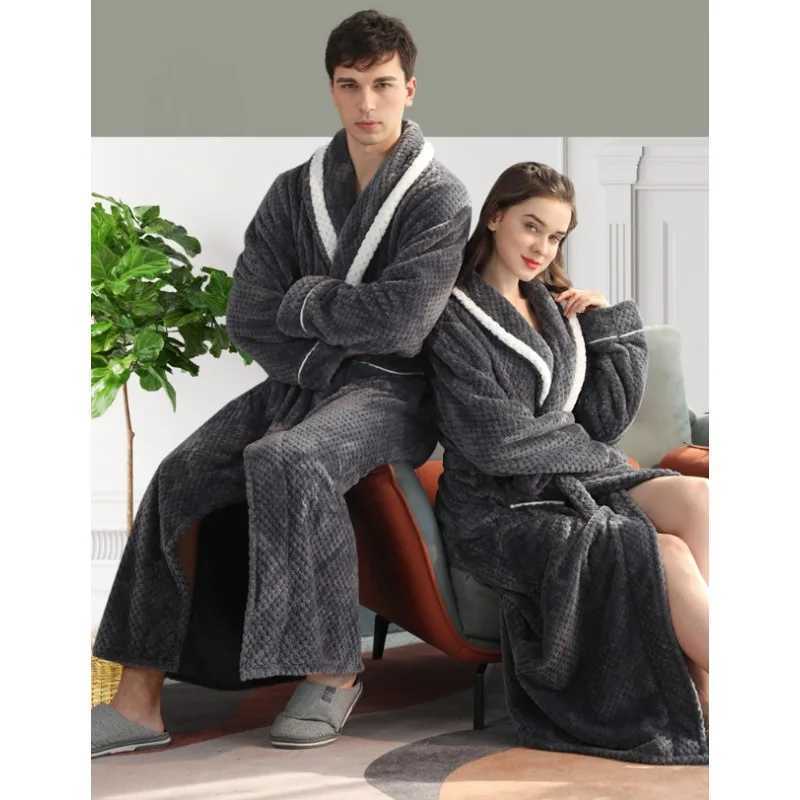 Thicken Solid Flannel Couple Robes-Winter Long Bathrobe Gown with Pockets Intimate Nightwear Lingerie Comfortable Home Clothing C251202
