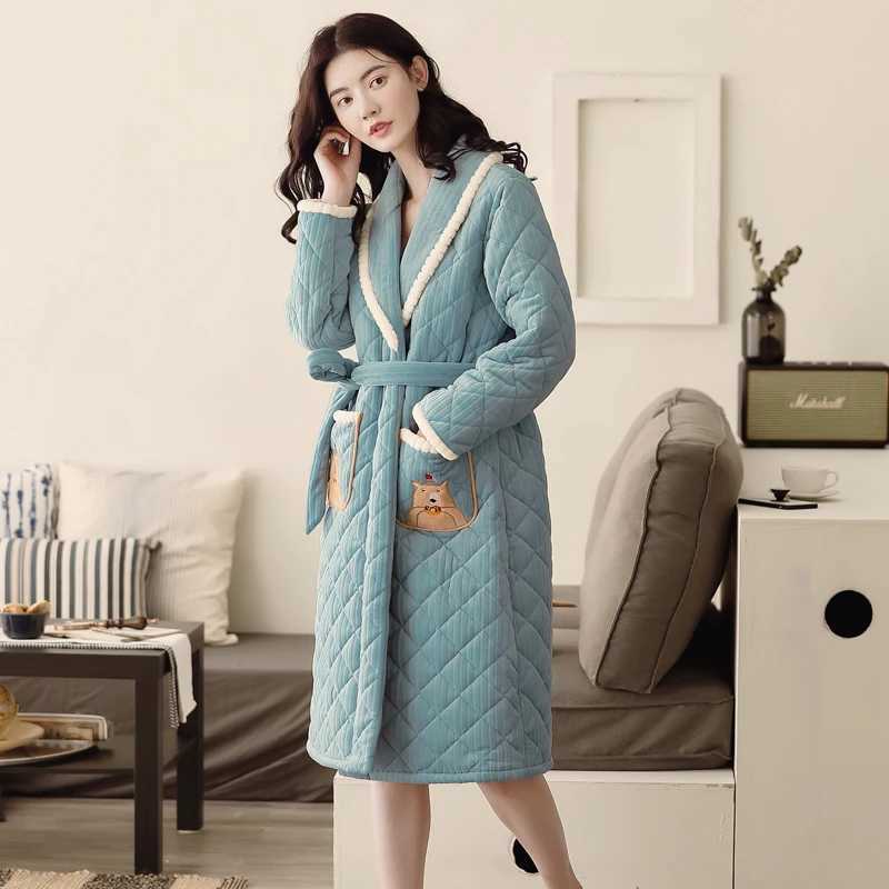 Winter Thick Warm Women Three Layer Cotton Robe Long Sleeve Casual Soft M-XXL Female Bathrobe C251202
