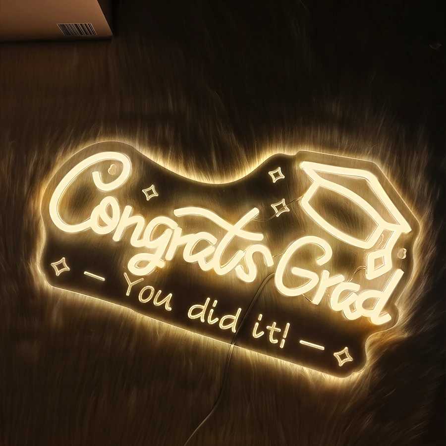 Congrats Grad Neon Sign Warm White Letter Lamp And Bachelor Hat Icon Used For Dormitory And Graduation Activities Art Decor H251201