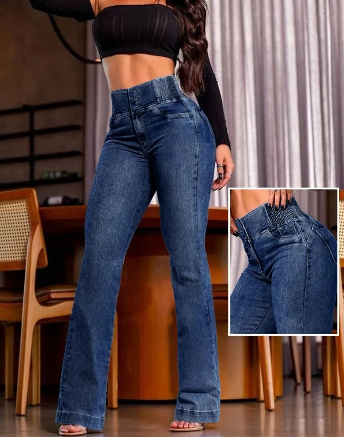 Fashionable Womens Jeans Back Shirred Button Front High Waist Jeans Temperament Commuting Casual Comfortable Jeans 251201