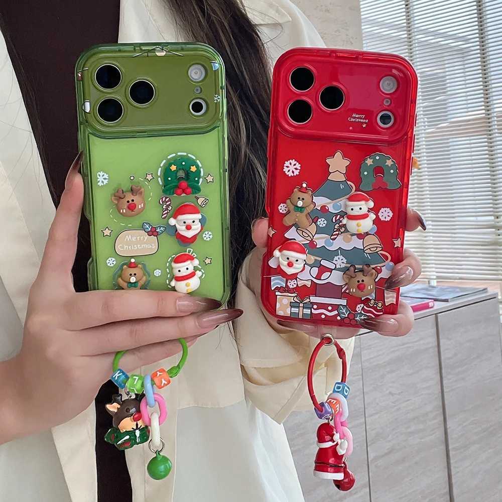 3D Christmas Lanyard Phone Holder Case for iPhone 17 16 15 14 13 12 11 Pro Max Plus Elk Santa Claus Shockproof Mirror Cover J251202