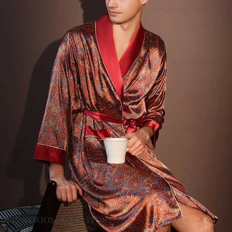 Pajama Mens Robe Kimono Gown Bathrobe with Pockets Print Sleepwear Home Clothing Spring Autumn Satin Nightwear Loose Loungewear C251202