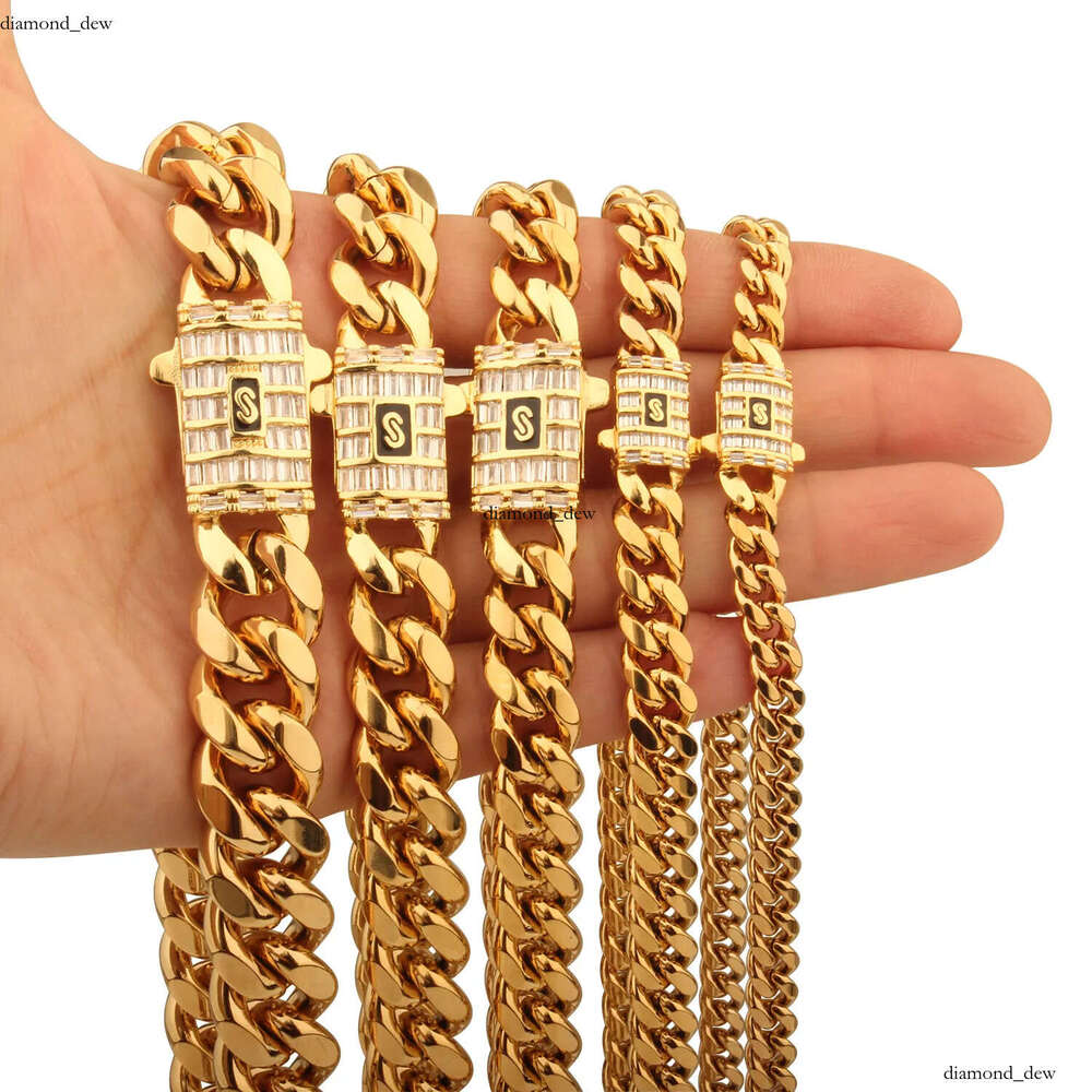 6mm-14mm Hip Hop Stainless Steel Miami Cuban Link Chain 18K Real Gold Plated T Zircon Clasp Mens Necklace Jewelry