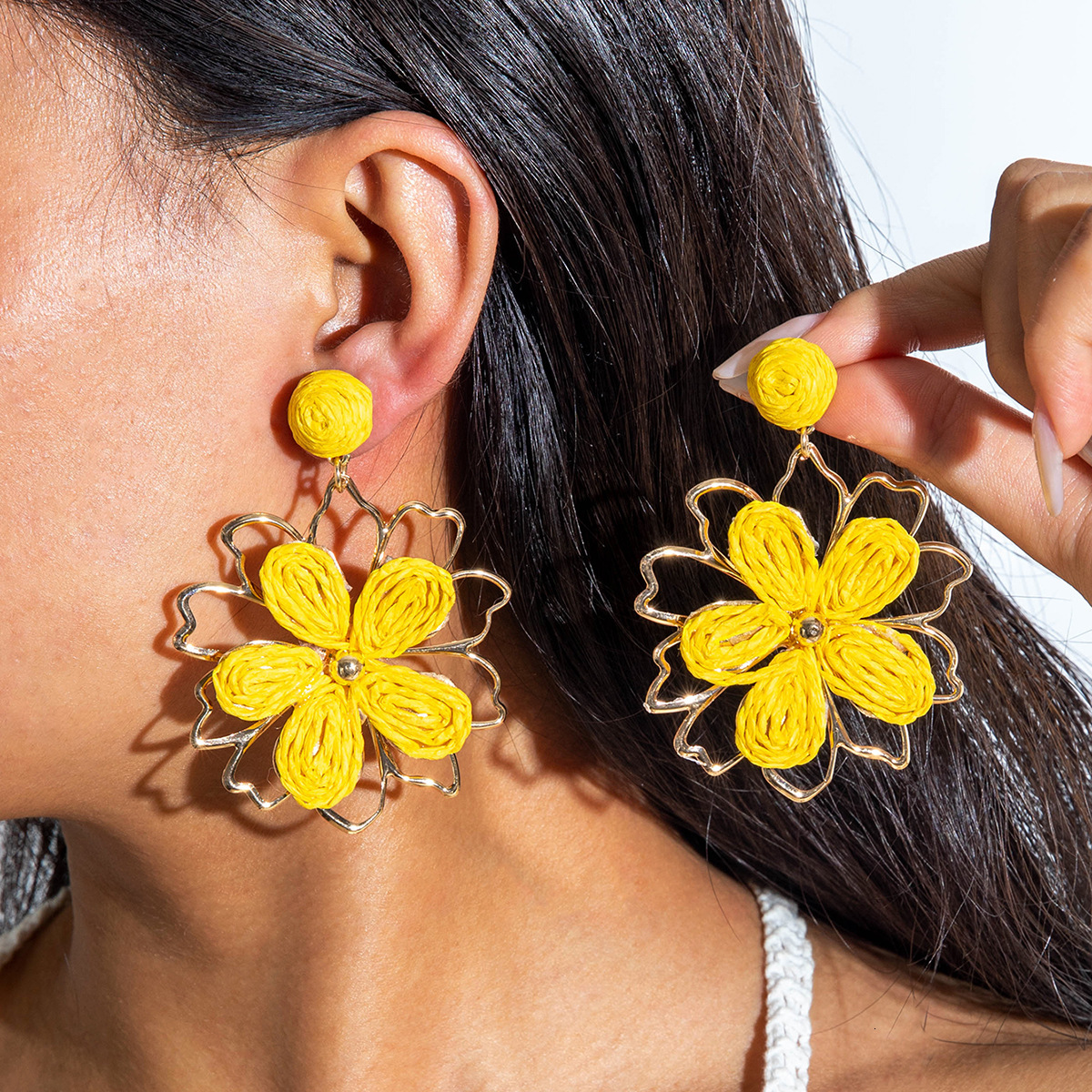 European designer And American luxury Cross-Border Handwoven Raffia Vacation Fashion free shipping Color Block Beach Style Flower Drop Earrings