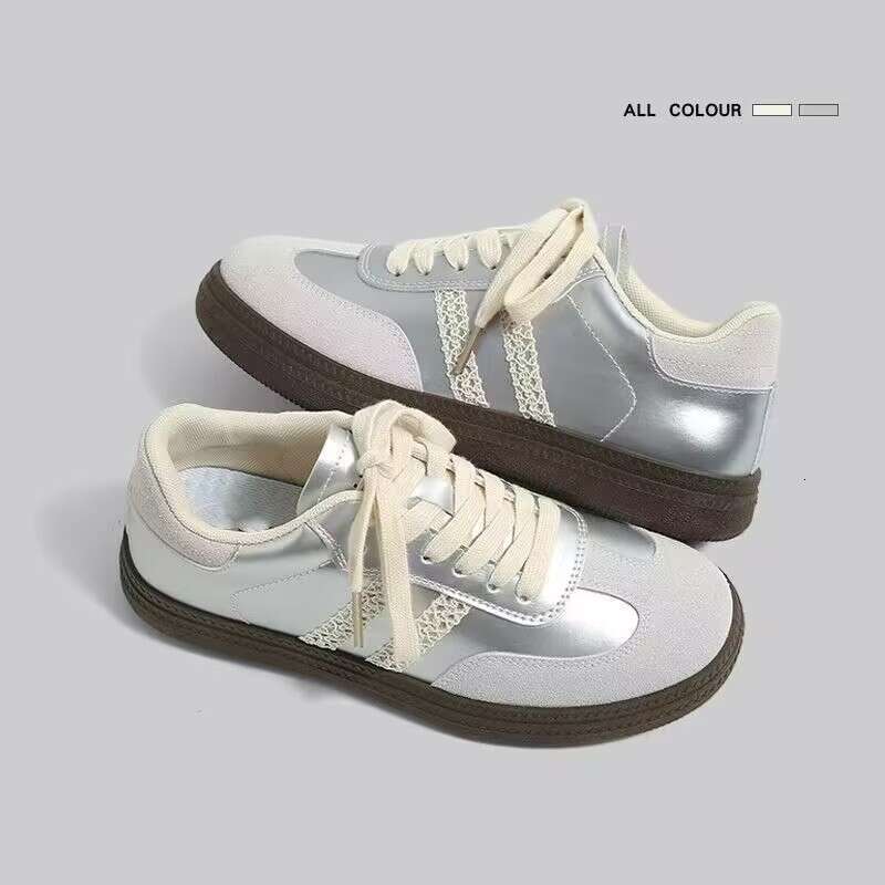 Vintage Silver German Training Shoes for Women 2025 Autumn Skirt Matching Lace Edge Thick Sole Height Increasing Casual Waffle Agan Sneakers