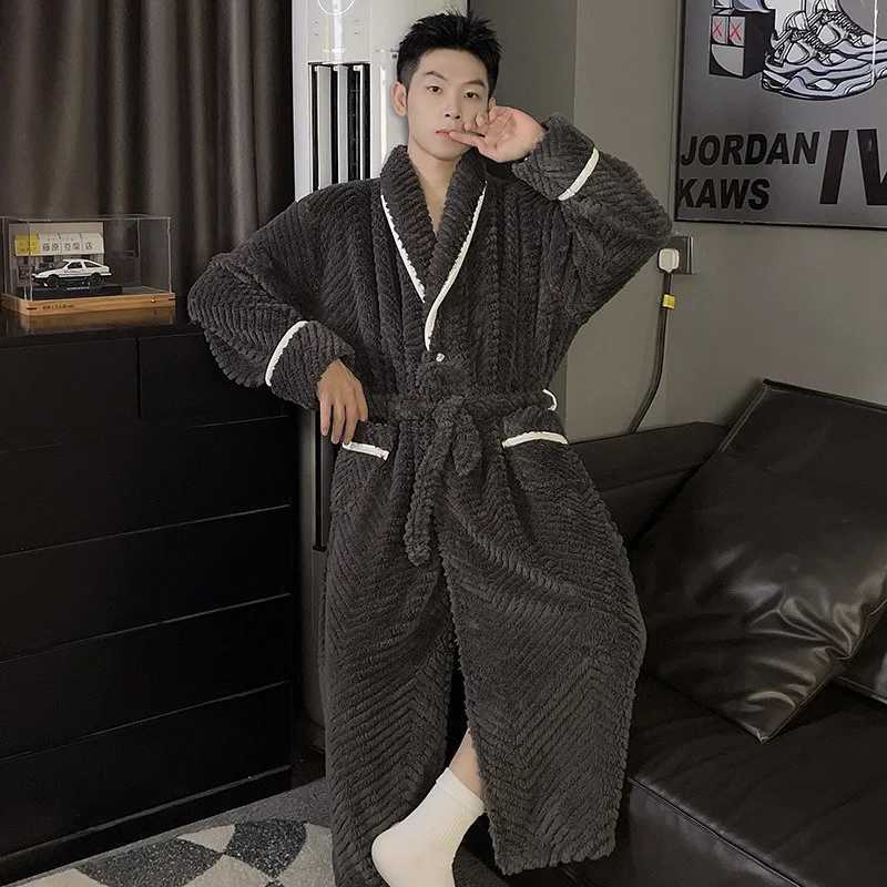 Large Size Winter Thick Flannel Robe Men Long Kimono Bathrobe Gown Coral Fleece Sleepwear Home Clothes Nightwear Lounge Wear C251202