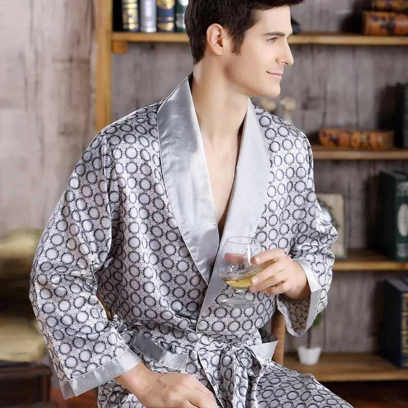 Men Bath Robe Satin Print Gold Kimono Bathrobe Silk Long Dressing Gown Plus Size Sleepwear Geometric Lounge Nightgown XL 4XL 5XL C251202