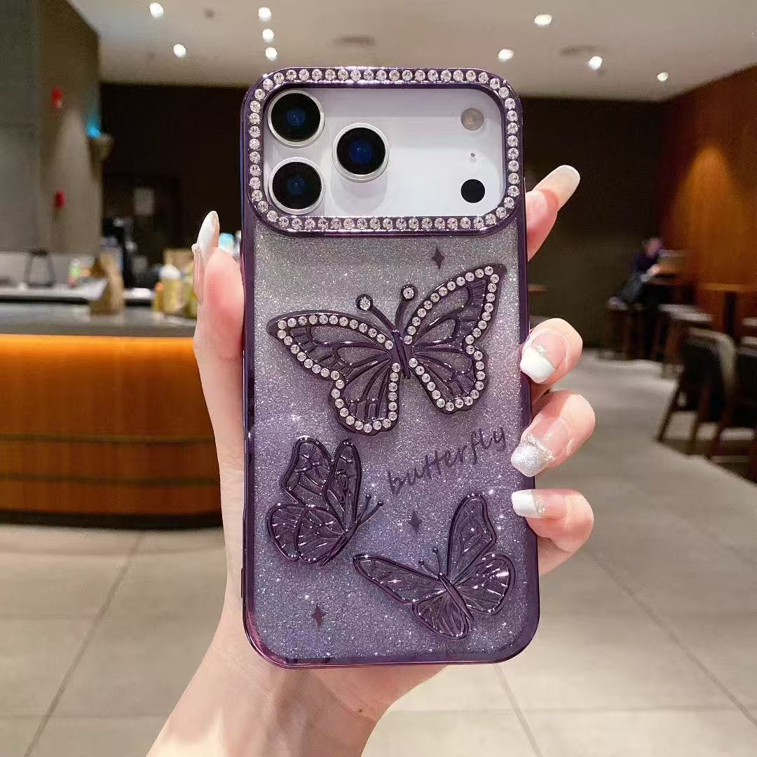 3D Butterfly Rhinestone Phone Case iPhone 17 Pro Max Compatible with Apple 16 Electroplated Gradient Glitter Paper Case