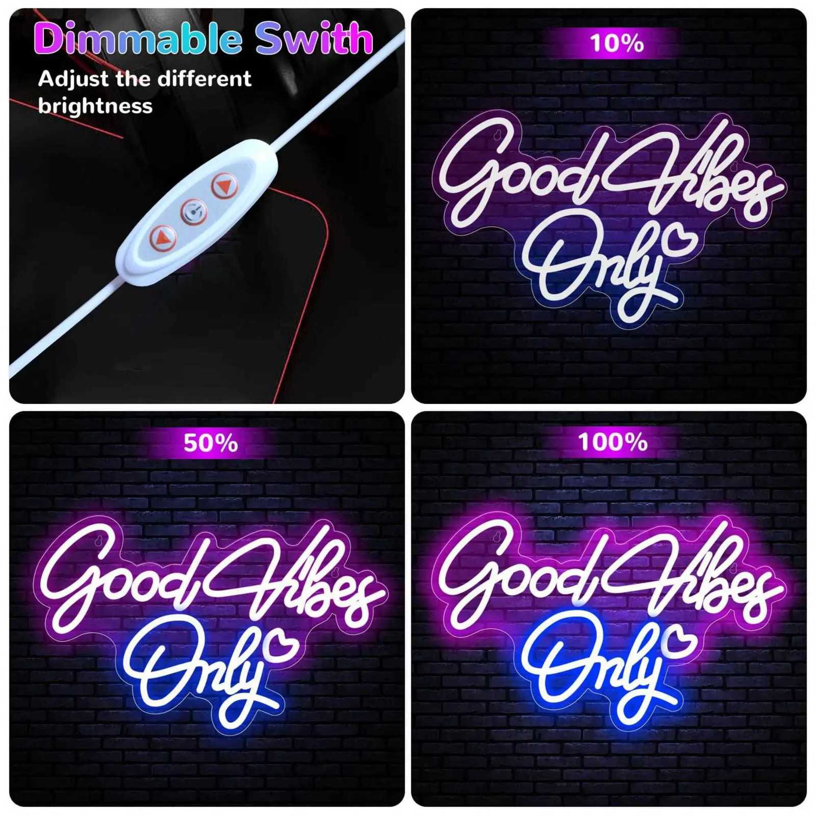 Good Vibes Only Neon Sign for Wall Decor LED Light for Bedroom Powered by USB with Dimmable Switch Neon Light Sign for Bedroom H251201