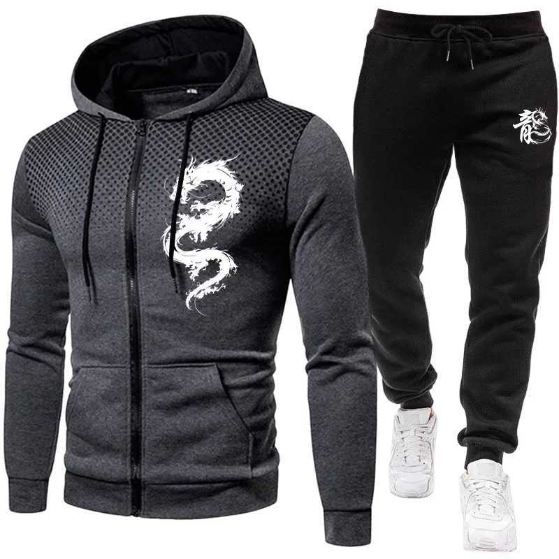 2025 New Arrival Mens Tracksuit Dragon Print Hoodie and Sweatpants Urban Casual Fashion Zipper Sweatshirt Jogger Pants Outfits W251202
