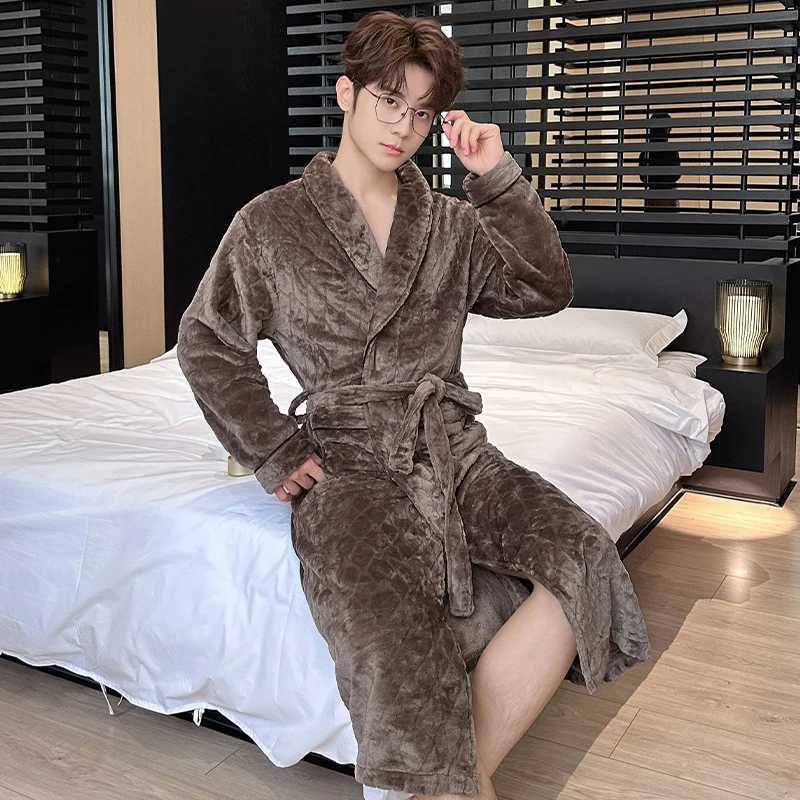 2025 Winter Long Sleeve Thick Warm Flannel Kimono Robes for Men Loose Coral Velvet Sleepwear Bathrobe Male Homewear Home Clothes C251202