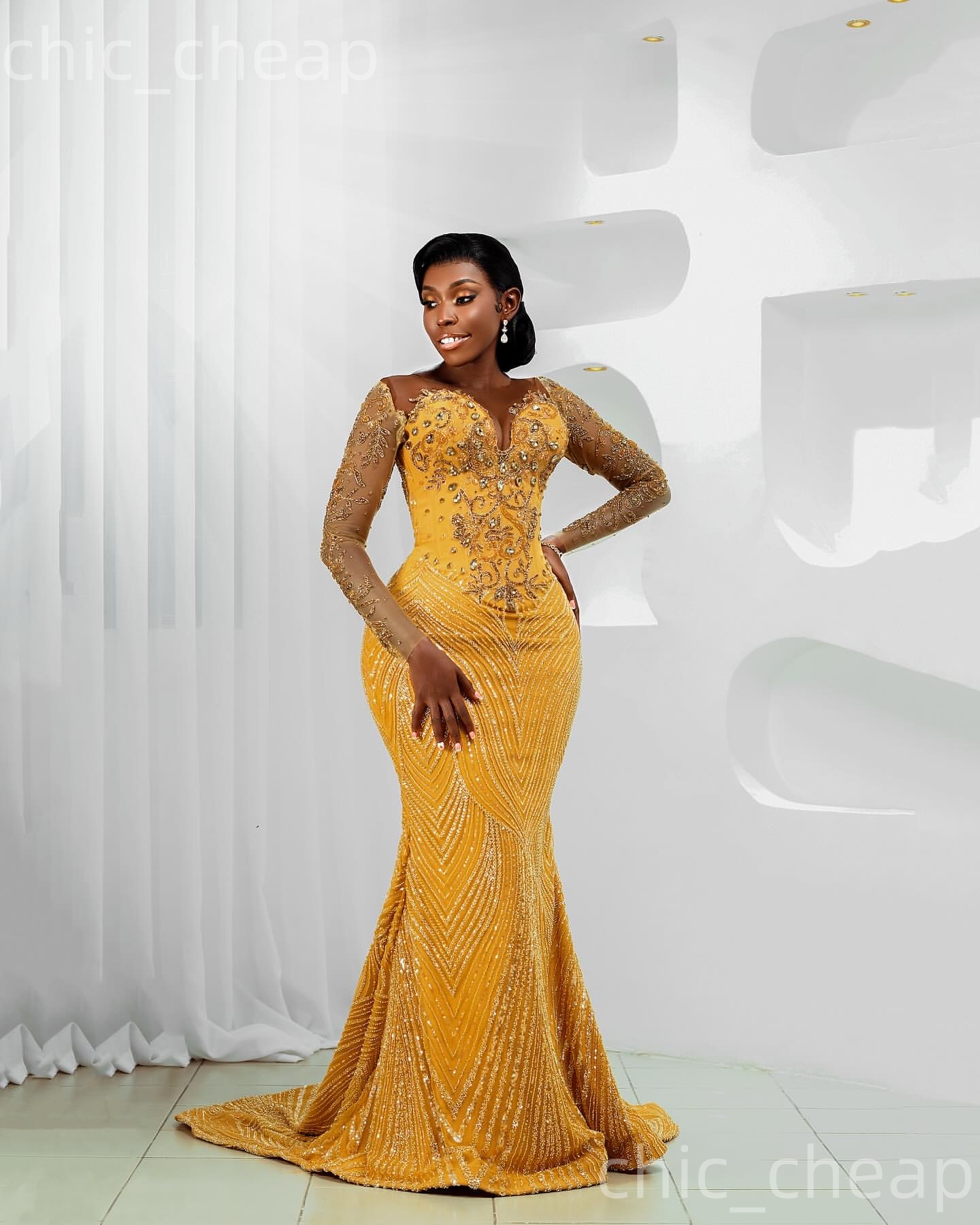 Aso Ebi Gold Mermaid Prom Dresses 2026 Sheer Neck Crystals Sequined Evening Formal Party Second Birthday Engagement Gowns Plus Size Dress For Special 