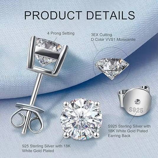01ct-5ct 3-11mm Moissanite Earrings 925 Sterling Silver Gold Plated Studs D Color VVS Diamond for Men Women GRA Luxury Jewelry