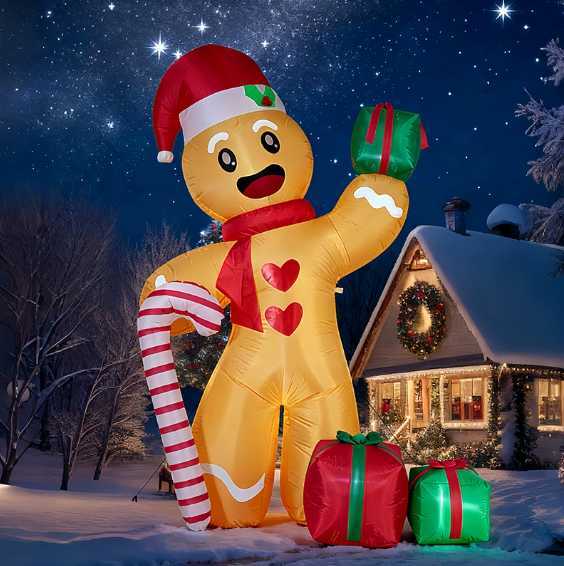 2.4-meter Christmas inflatable gingerbread man with candy cane stick, LED light, gift box, yard decoration C251202