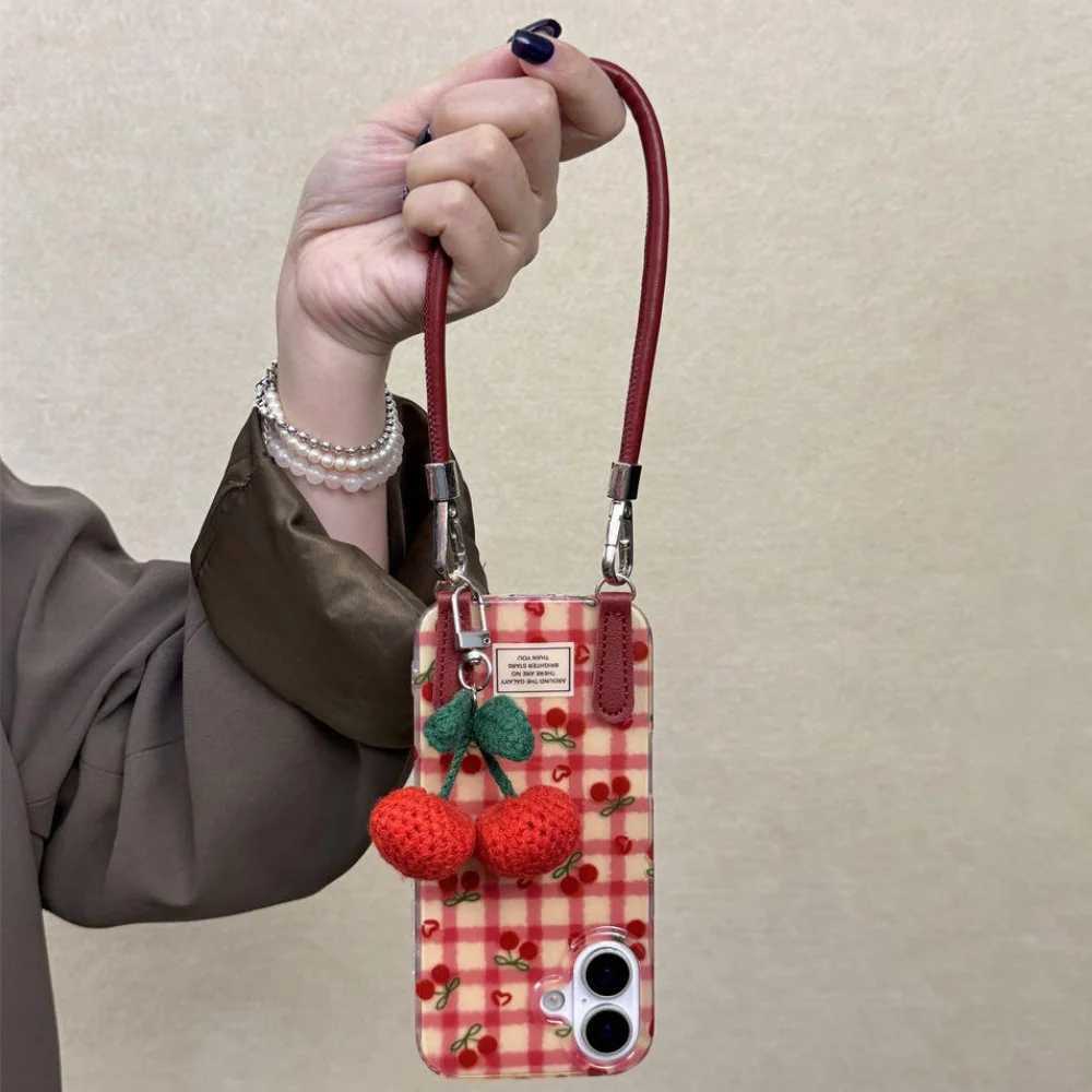 Stylish Cute Cherry Pendant Grid Pattern Case For iPhone 17 Pro Max 16 Pro Max 15 14 Pro 13 12 11 Plus Crossbody Lanyard Cover J251202