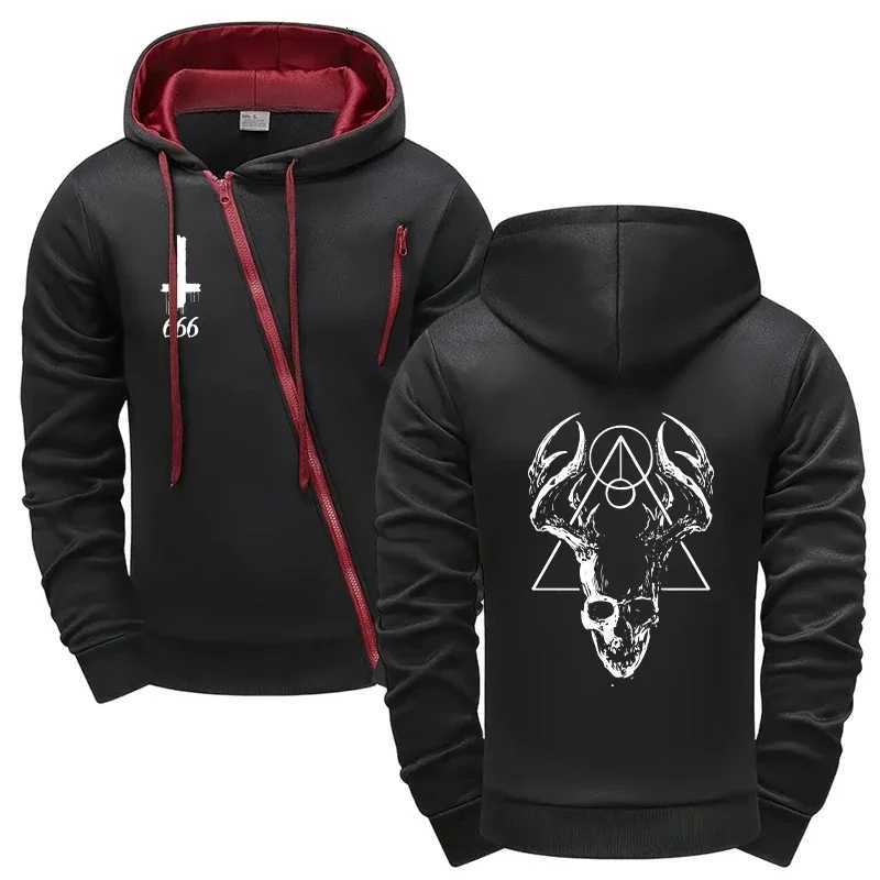 Motorcycle Mens Satan Print Tracksuit 2025 Diagonal Zipper Design Hoodie with Joggers Urban Streetwear Fall Winter Riding Outfit W251202