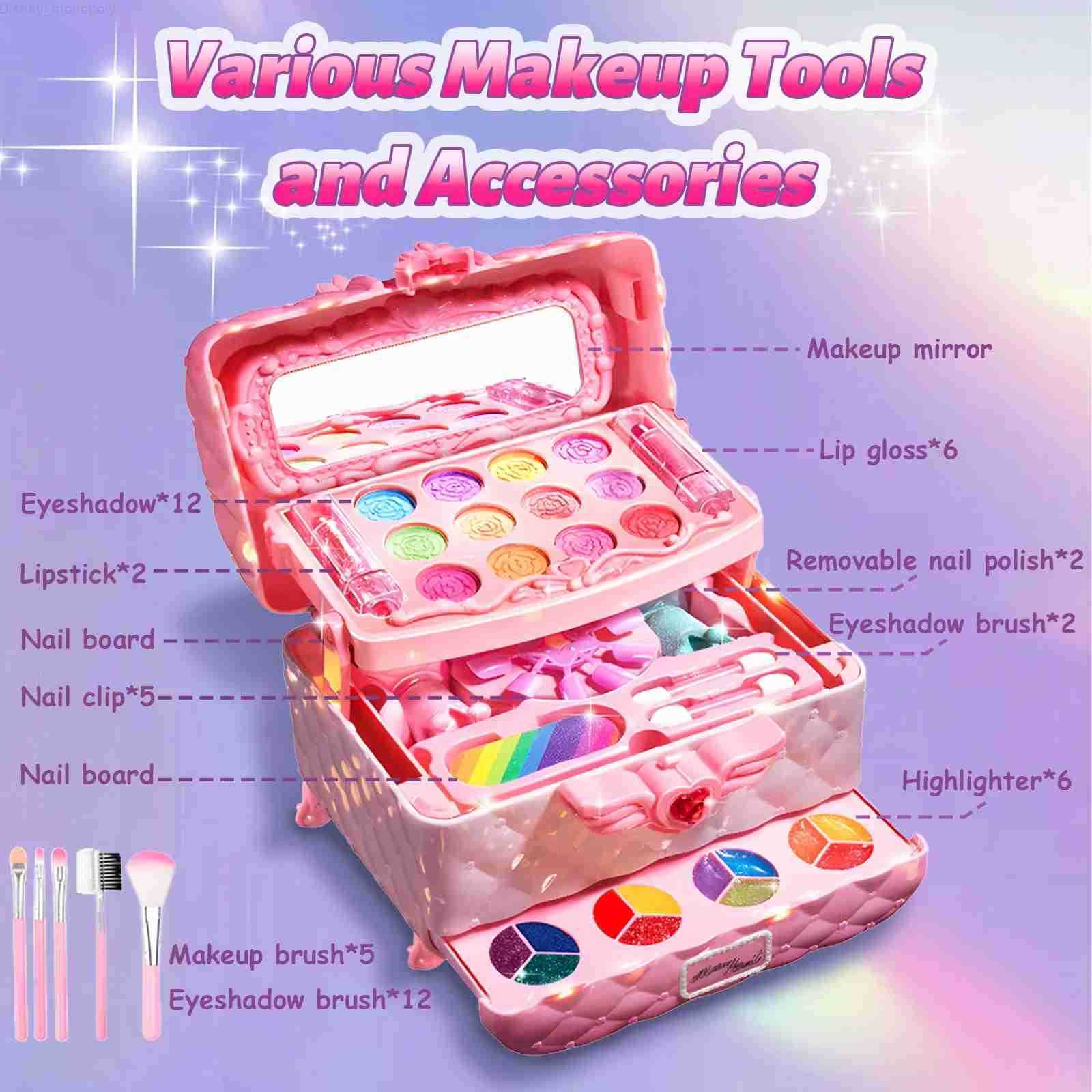Disney Kids Multi-Layer Foldable Makeup Set - Pretend Play Cosmetic Kit for Girls Educational and Learning Toy with Storage Box H251202