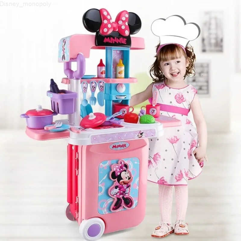 Disney Kids Play Home Kitchen Toys Minnie Mouse Trolley Box Cooking Rice Simulation Kitchenware Tableware Girl Birthday Gift H251202