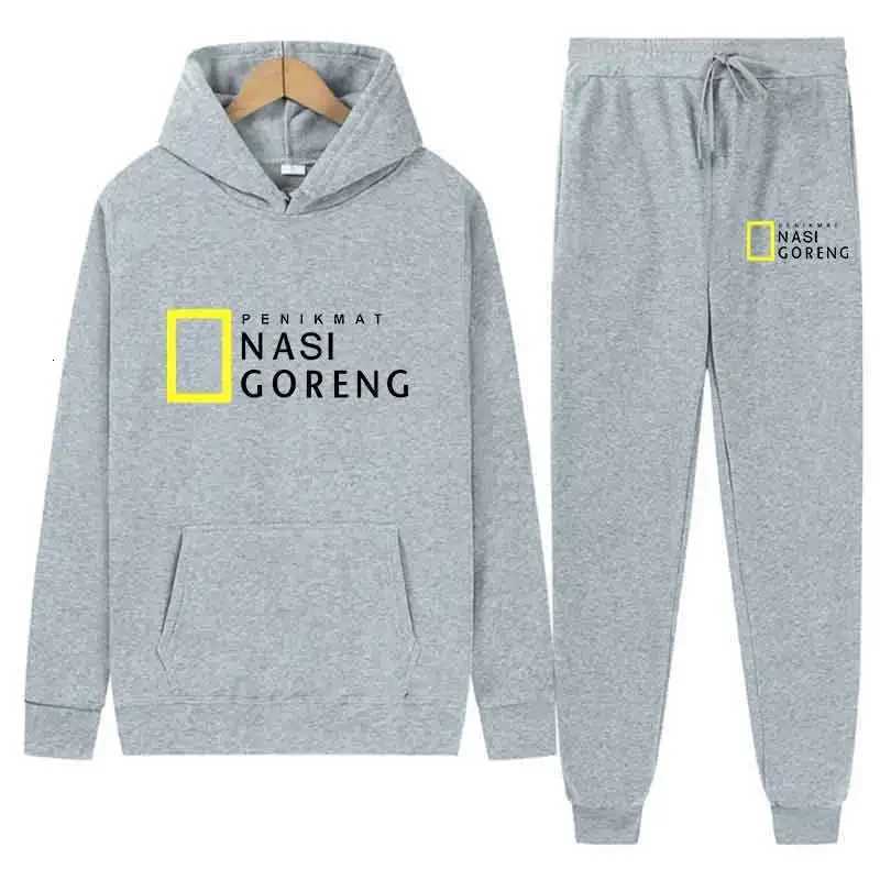 Autumn Men Gray Blue Casual 2PC Sets Trend Hoodie Tops Slim Pants Warm Sweatshirts Street Fashion Concise Printed Sports Suit W251202