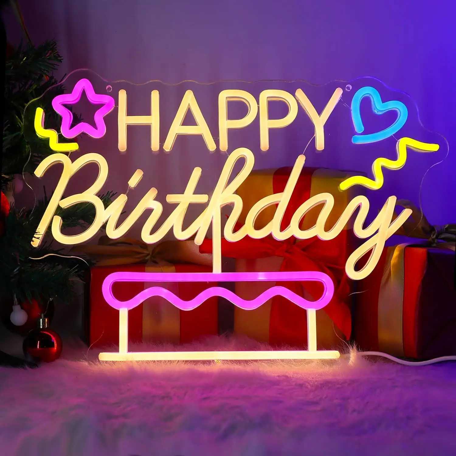 Happy Birthday LED Neon Sign for Wall Decor USB Powered Light Up Backdrop Sign for Home Birthday Party Room Wedding Advertising H251201