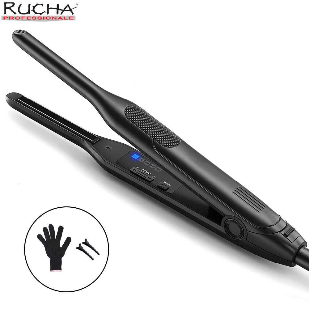 Mini Hair Curler 2 in 1 Pencil Hair Straightener Titanium Plate Thinnest Narrow Flat Iron with LED Display for Short Beard Hair C251202