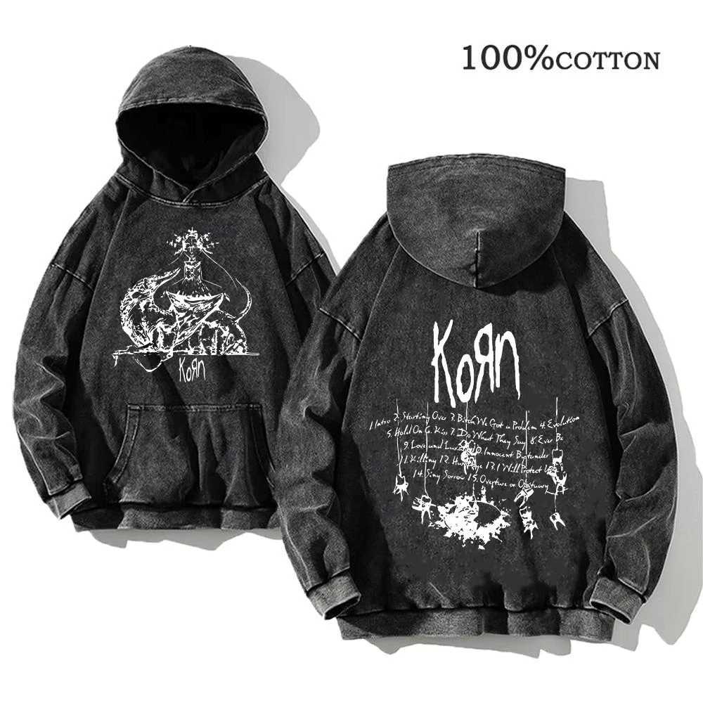 Korn Rock Band World Tour Hoodies Vintage Washed Mens Sweatshirts Cotton Hip Hop Streetwear Hooded Pullover Loose Y2K Tops J251203