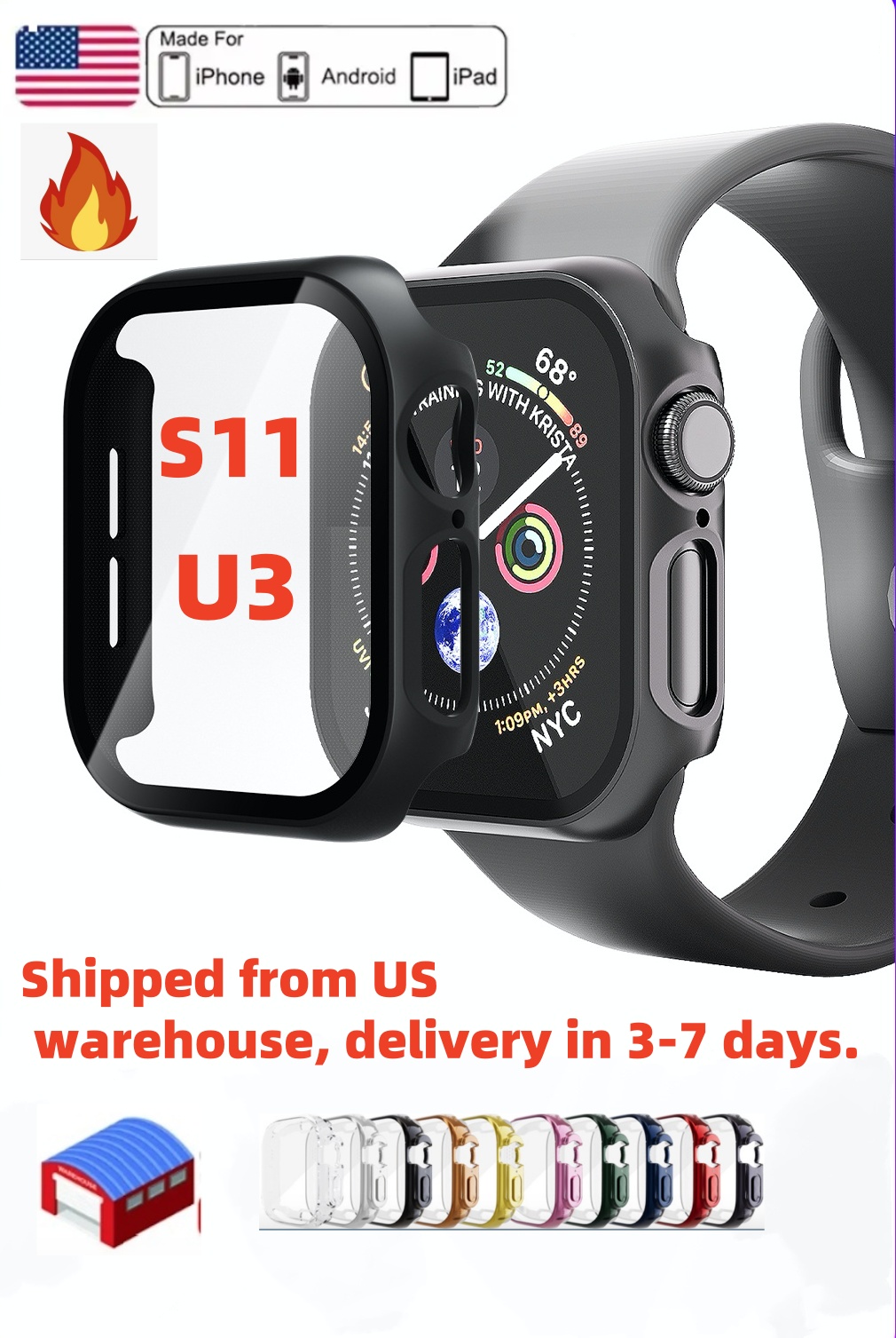 US stock. 46mm silicone protective case for S11 smartwatch, supports wireless charging, smart voice response, HD touchscreen, and protective case functionality.