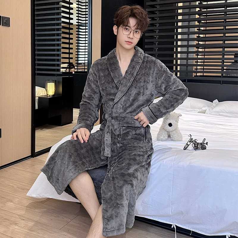 2025 Winter Long Sleeve Thick Warm Flannel Kimono Robes for Men Loose Coral Velvet Sleepwear Bathrobe Male Homewear Home Clothes C251202