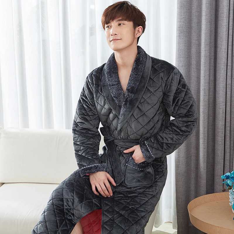 Thick 3 Layers Warm Winter Bathrobe Men Soft Flannel Quilted Long Kimono Bath Robe Male Dressing Gown for Mens Coral Fleece Robe C251202