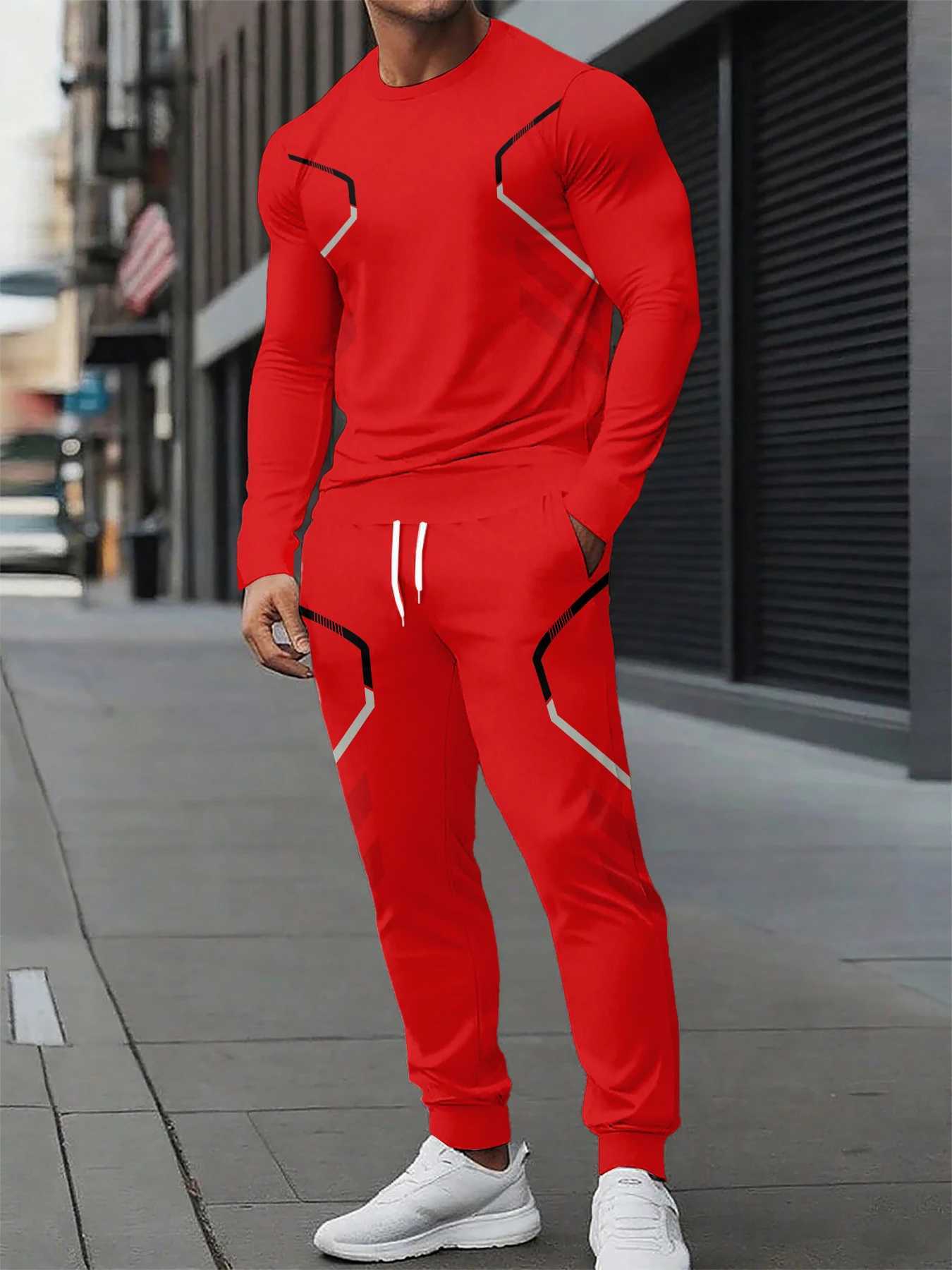 The new mens round-neck sweatshirt set for Spring and Autumn 2025 features street fashion and comfort with 3D pattern printing W251202