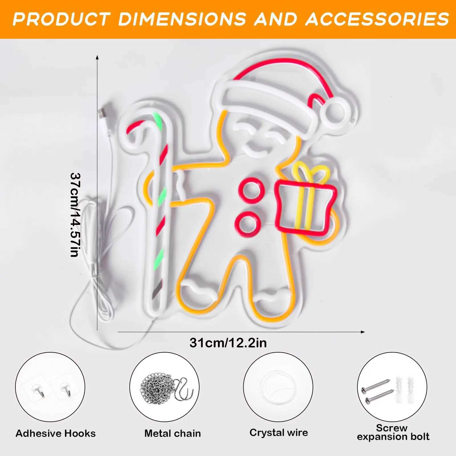 Gingerbread Man LED Neon Sign for Wall Decor Christmas Dimmable Lights Living Room Kids Room Holiday Party Window Festive Gift H251201