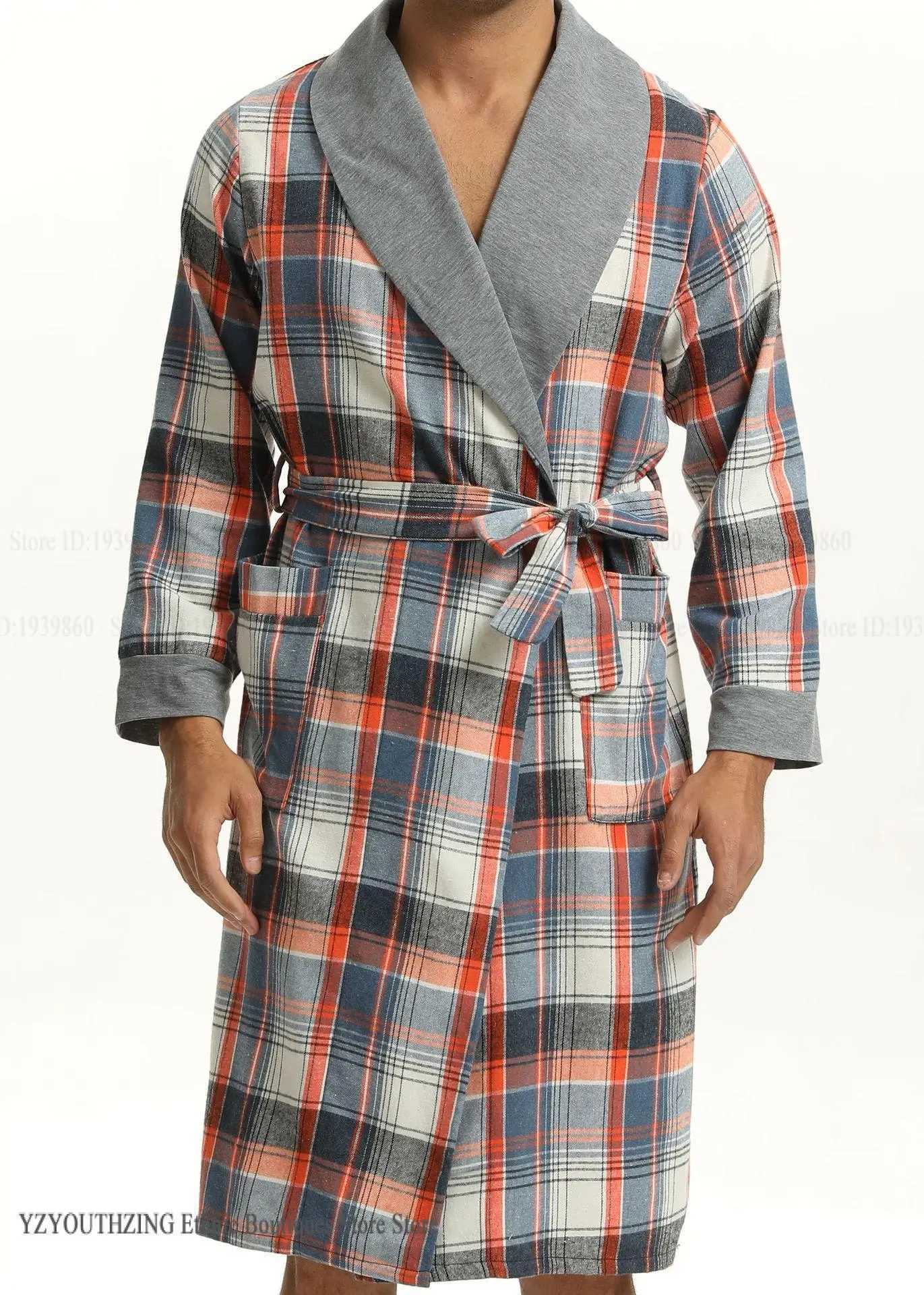 Autumn Men Robe Kimono Gown Bathrobe Gown Loose Casual Male Home Clothing Sleepwear Green Plaid Loungewear Nightwear Negligee C251202